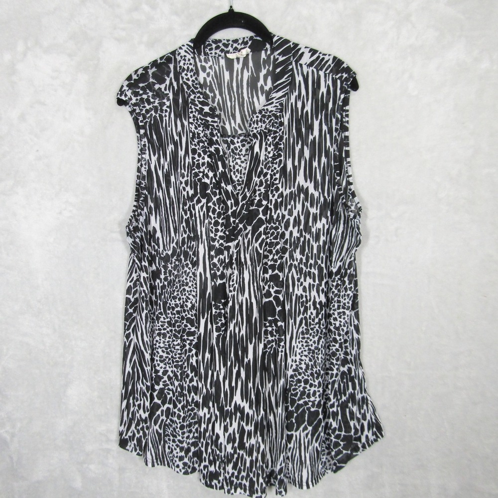 Ember Women's 2X Sleeveless Blouse Animal Print Black White Career Casual Sheer